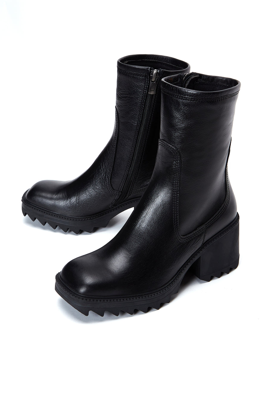 Women's Black Zippered Thick Heeled Leather Boots