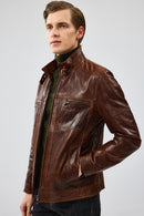 Wade Men's Brown Slim-Fit Leather Jacket | Derimod