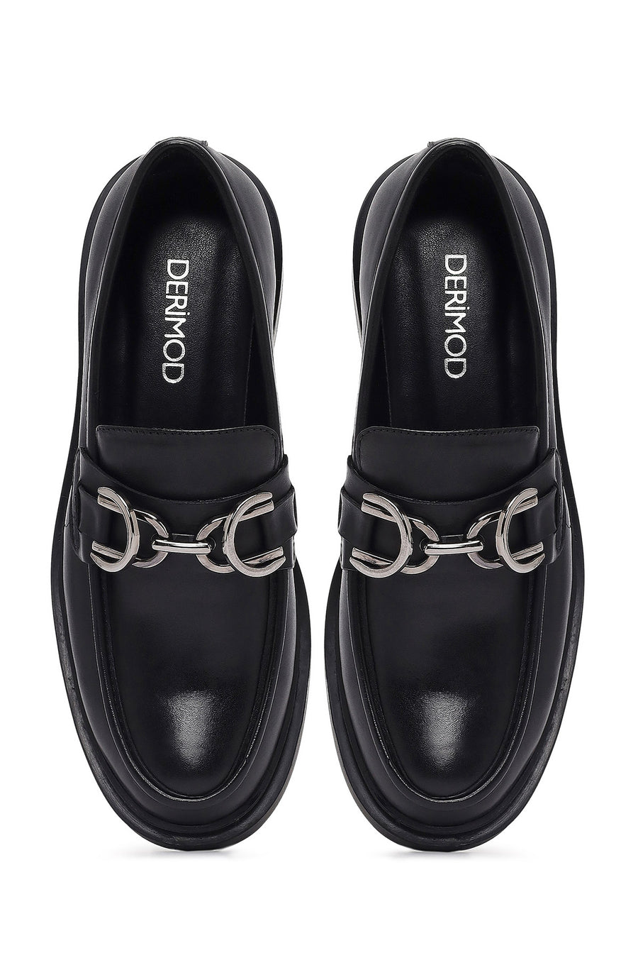 Kadın Siyah Tokalı Deri Maskülen Loafer