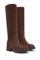Women's Brown Chunky Heel Suede Leather Boots | Derimod