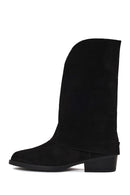 Woman Black Buckled Short Thick-Heeled Suede Boot | Derimod