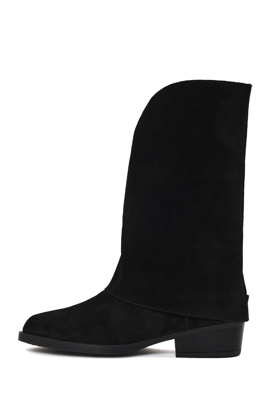 Woman Black Buckled Short Thick-Heeled Suede Boot