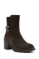 Women's Brown Heeled Zippered Suede Leather Boots | Derimod