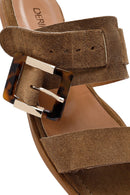Woman Beige Buckled Suede Leather Slipper | Derimod