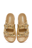 Women's Beige Straw Stone Slippers | Derimod