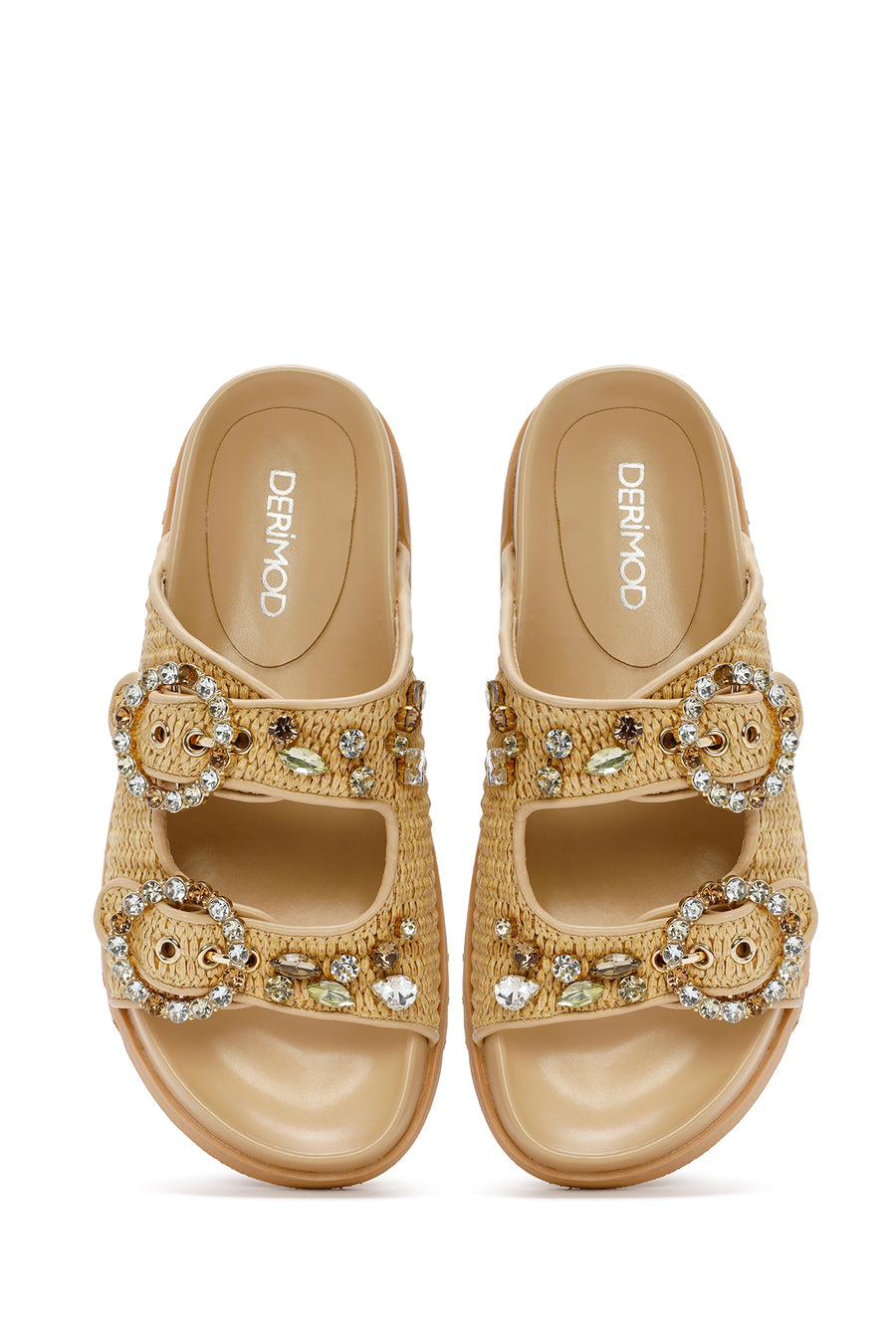 Women's Beige Straw Stone Slippers
