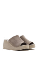 Women's Gray Wedge Heeled Suede Leather Slippers | Derimod