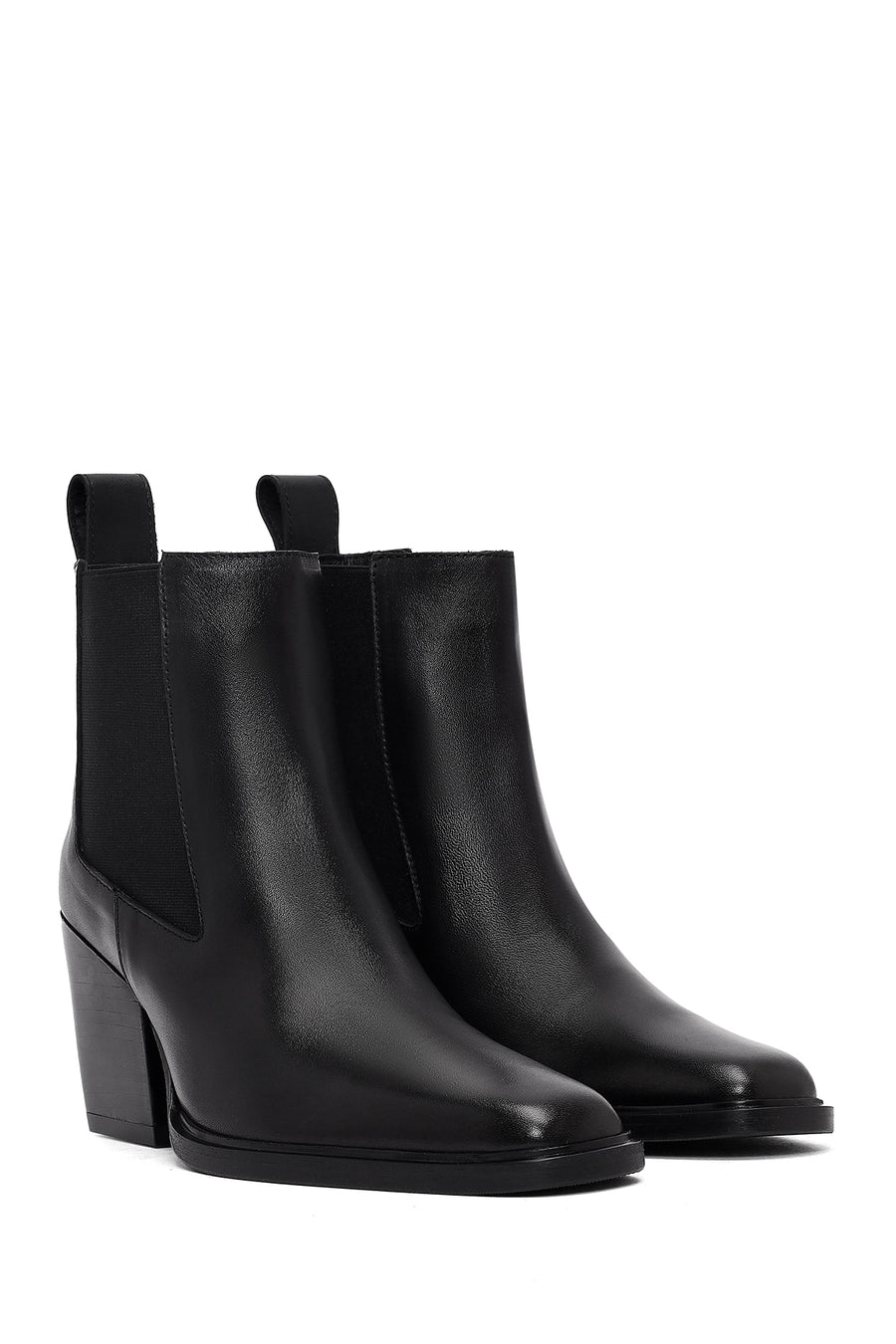 Women's Black Thick Heeled Leather Chelsea Boot