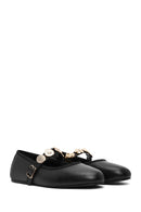 Women's Black Buckle Leather Ballerinas | Derimod