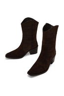 Woman Brown Printed Chunky-Heeled Suede Cowboy Boots | Derimod