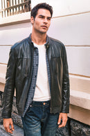 Karl Male Black Zip Closure Notched Collar Leather Jacket | Derimod