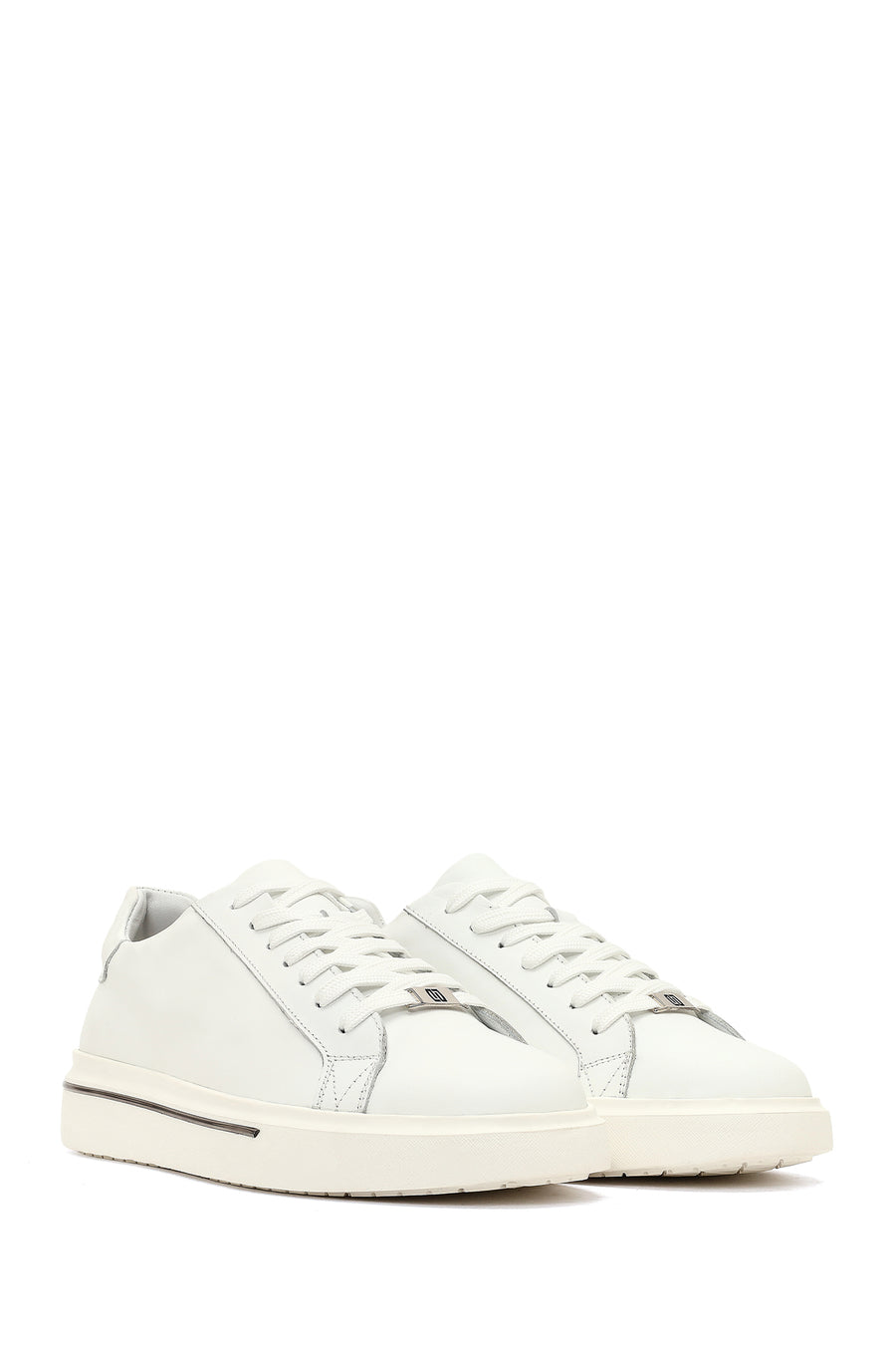 Men's White Lace-Up Thick-Soled Leather Sneaker