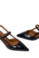 Woman Black Open-Back Thin-Heeled Croc-Embossed Leather Shoes | Derimod