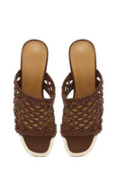Women's Brown Knitted Short Chunky Heeled Slippers | Derimod