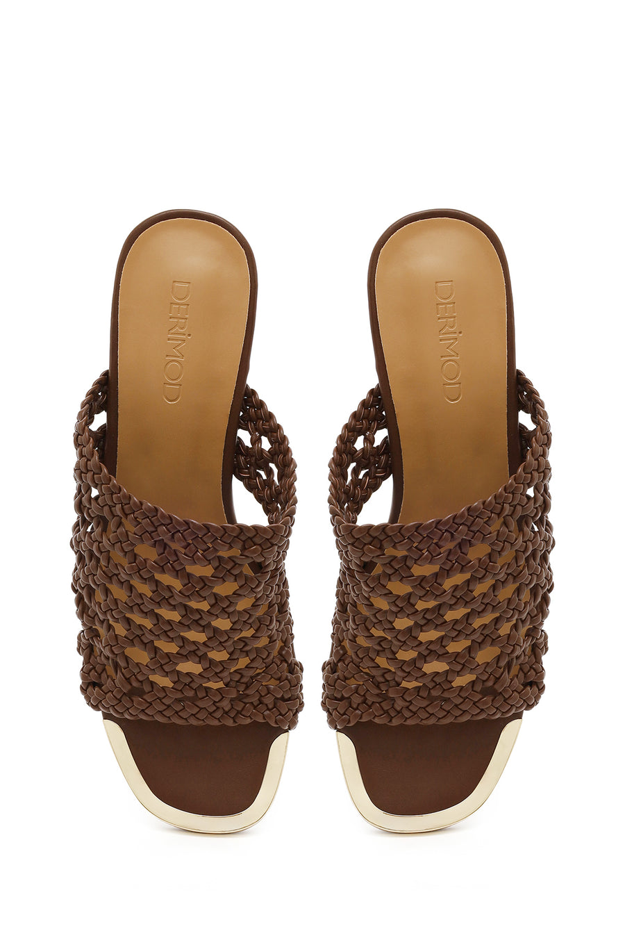 Women's Brown Knitted Short Chunky Heeled Slippers