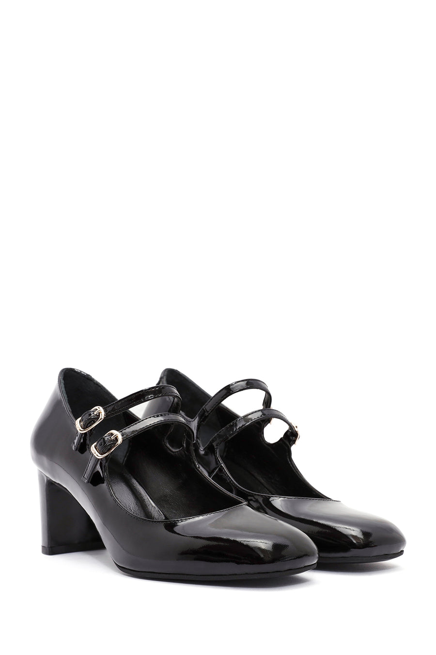 Women's Black Double Buckle Thick Heel Patent Leather Mary Jane Shoes