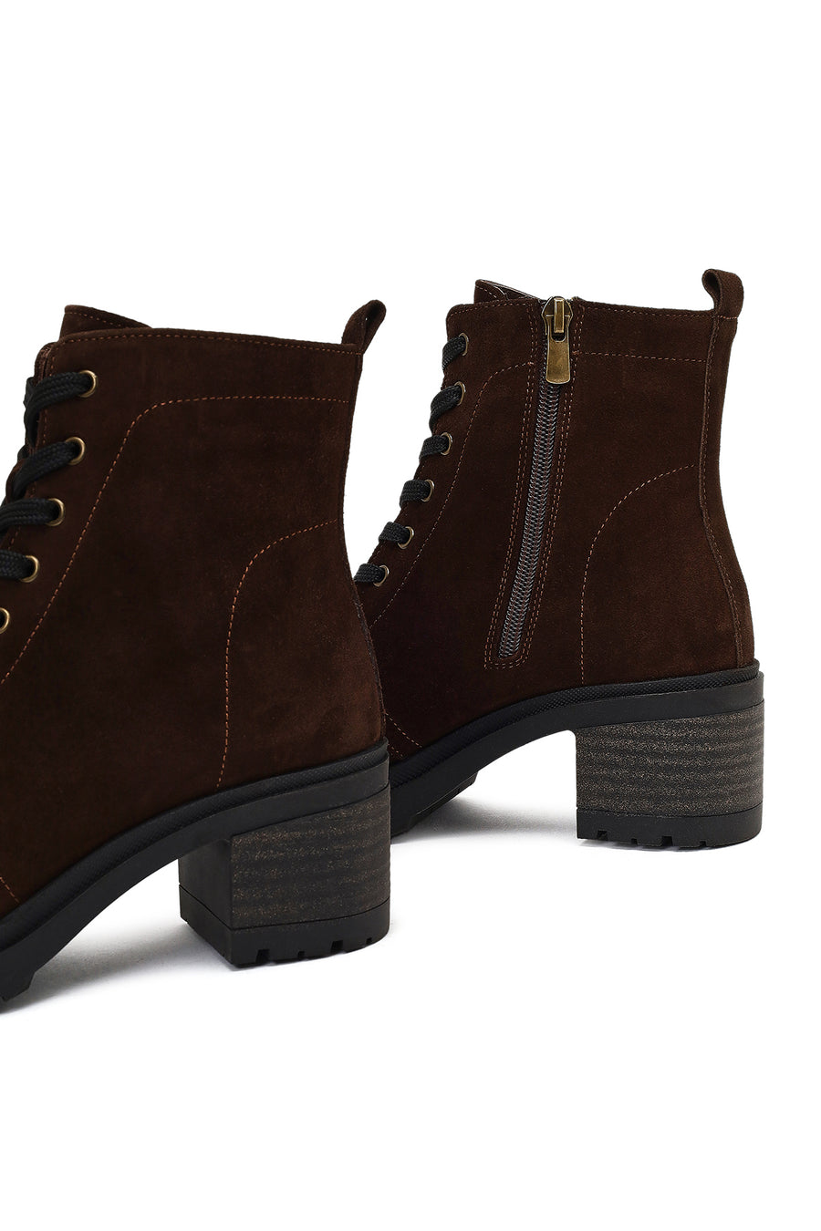 Women's Brown Zippered Thick Heeled Suede Leather Boot