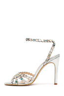 Women's Silver Stone Embellished High Thin Heel Sandals | Derimod