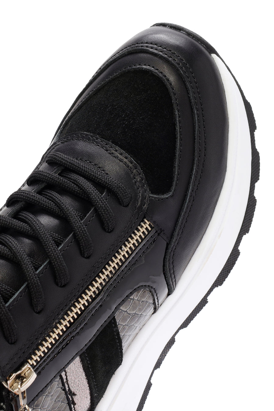 Women's Black Thick-Soled Zippered Leather Sneakers