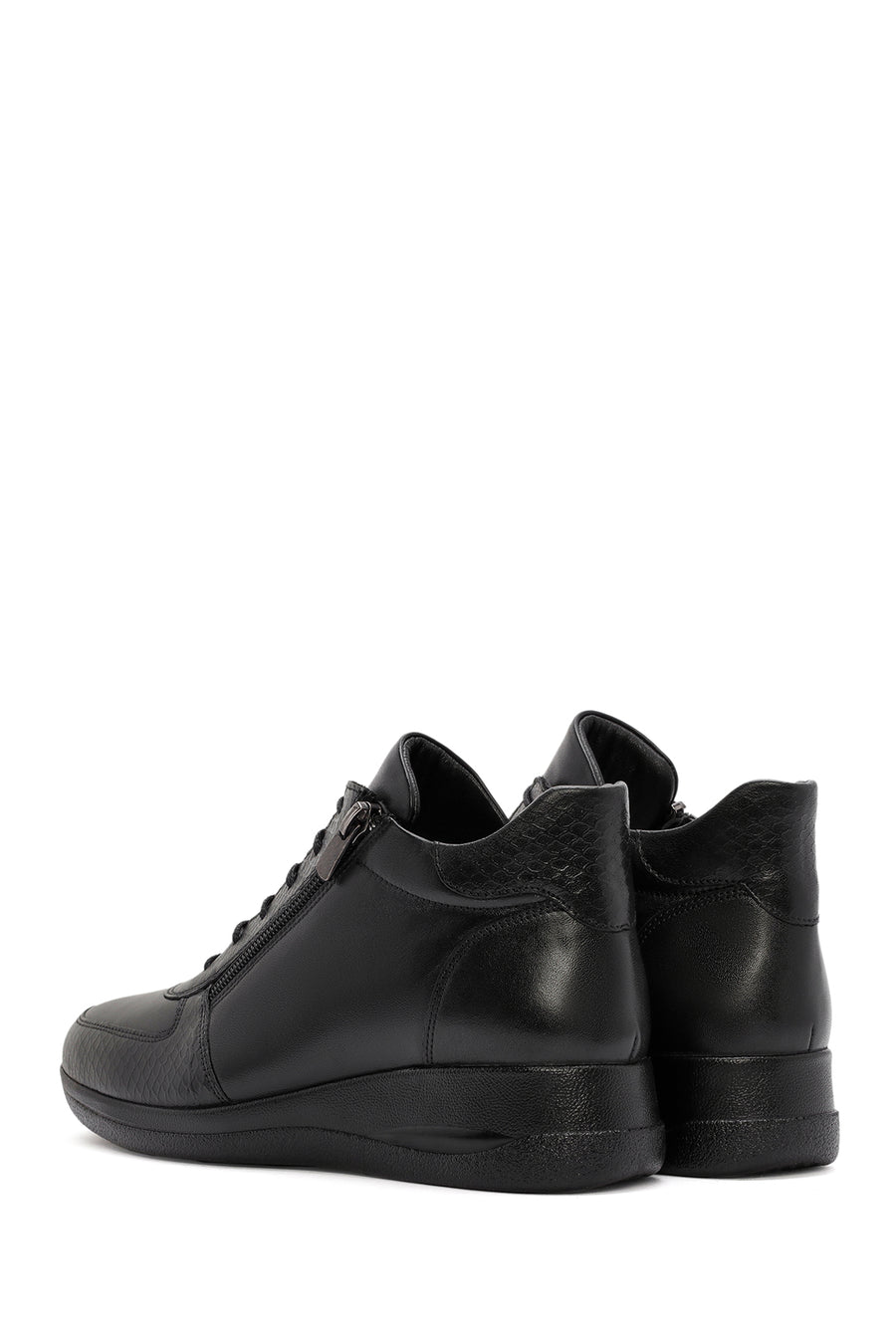 Women's Black Zippered Wedge Heel Leather Comfort Shoes
