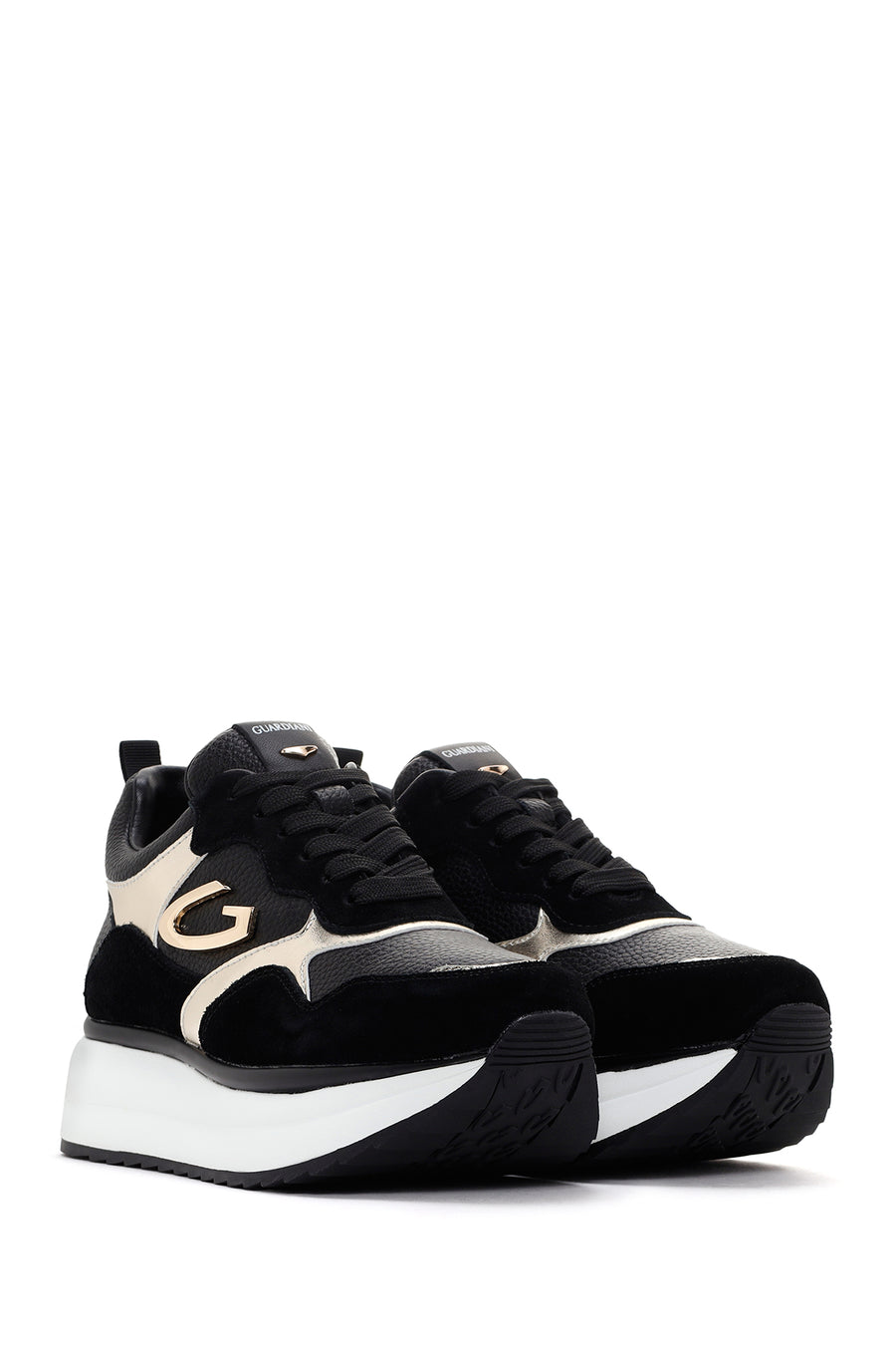 Alberto Guardiani Women's Black Gold Louise Thick Sole Leather Sneaker