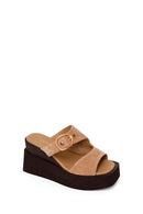 Woman Beige Buckled Wedge Heel Suede Slipper | Derimod