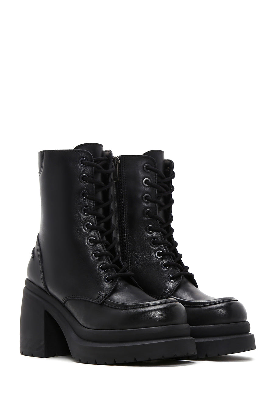 Women's Black Leather Platform Heeled Boots