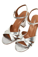 Women's Silver Ankle Buckle High Heel Metallic Leather Sandals | Derimod