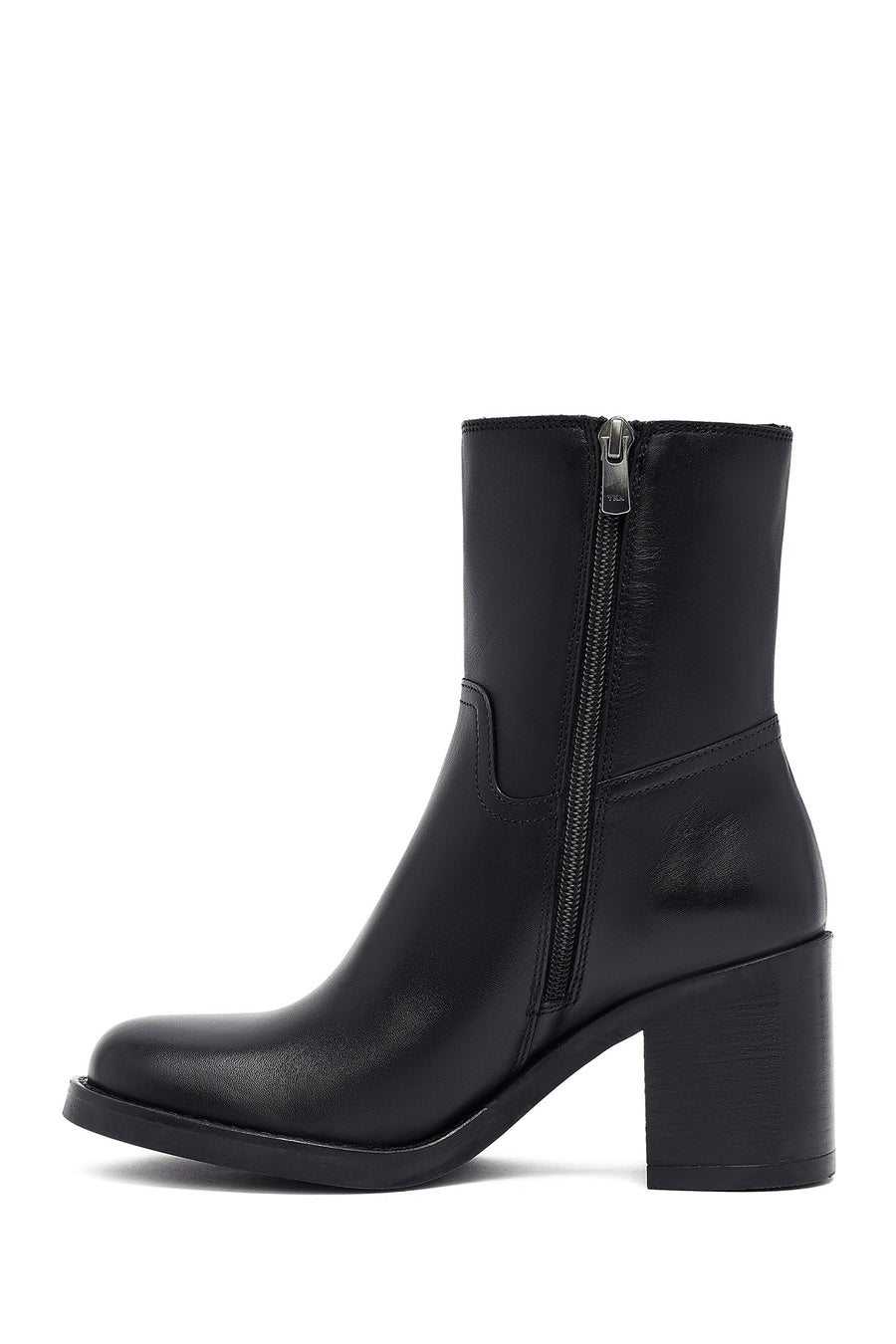 Women's Black Zippered Thick Heeled Leather Boot