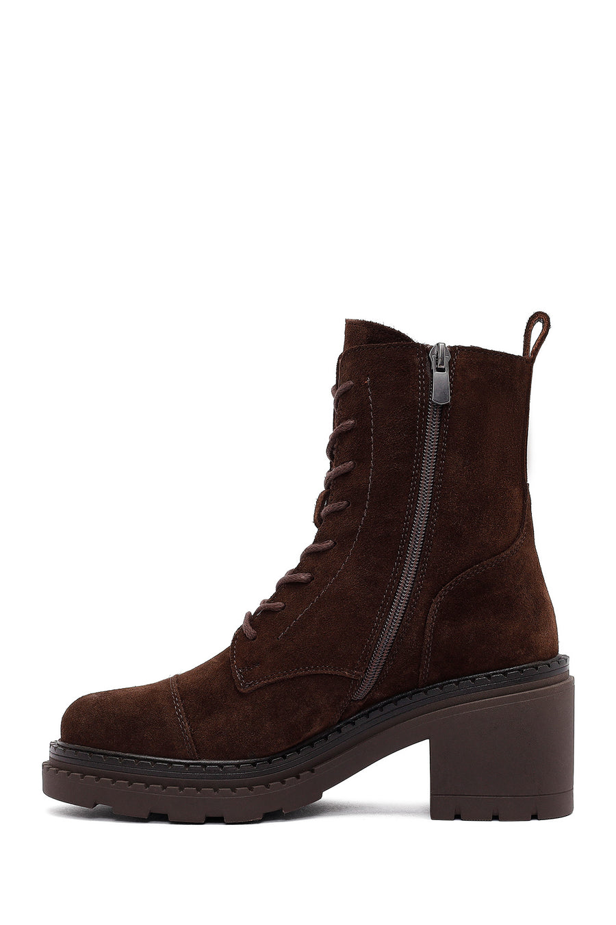 Women's Brown Zippered Thick Heeled Suede Leather Ankle Boots