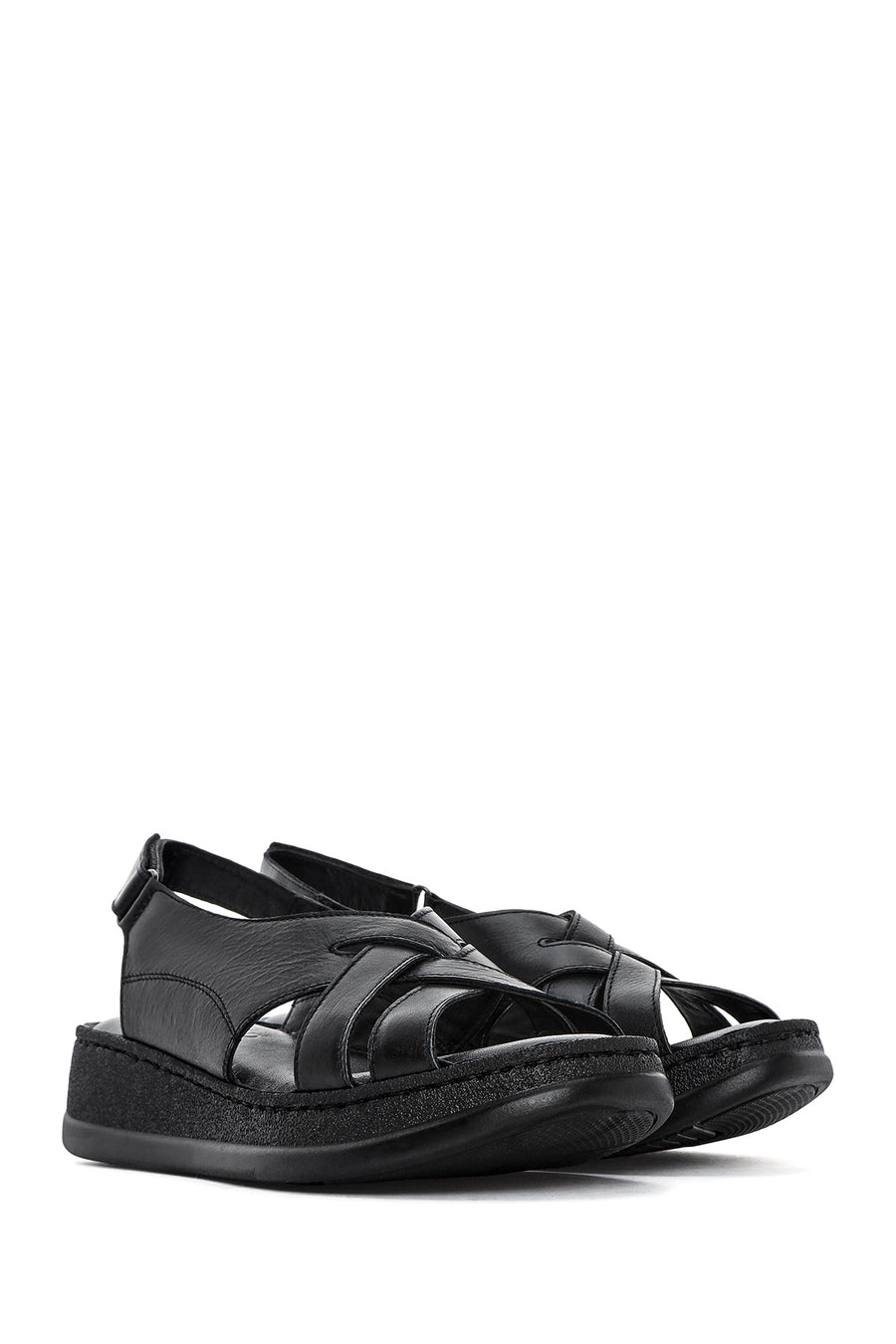 Women's Black Thick Soled Leather Comfort Sandals