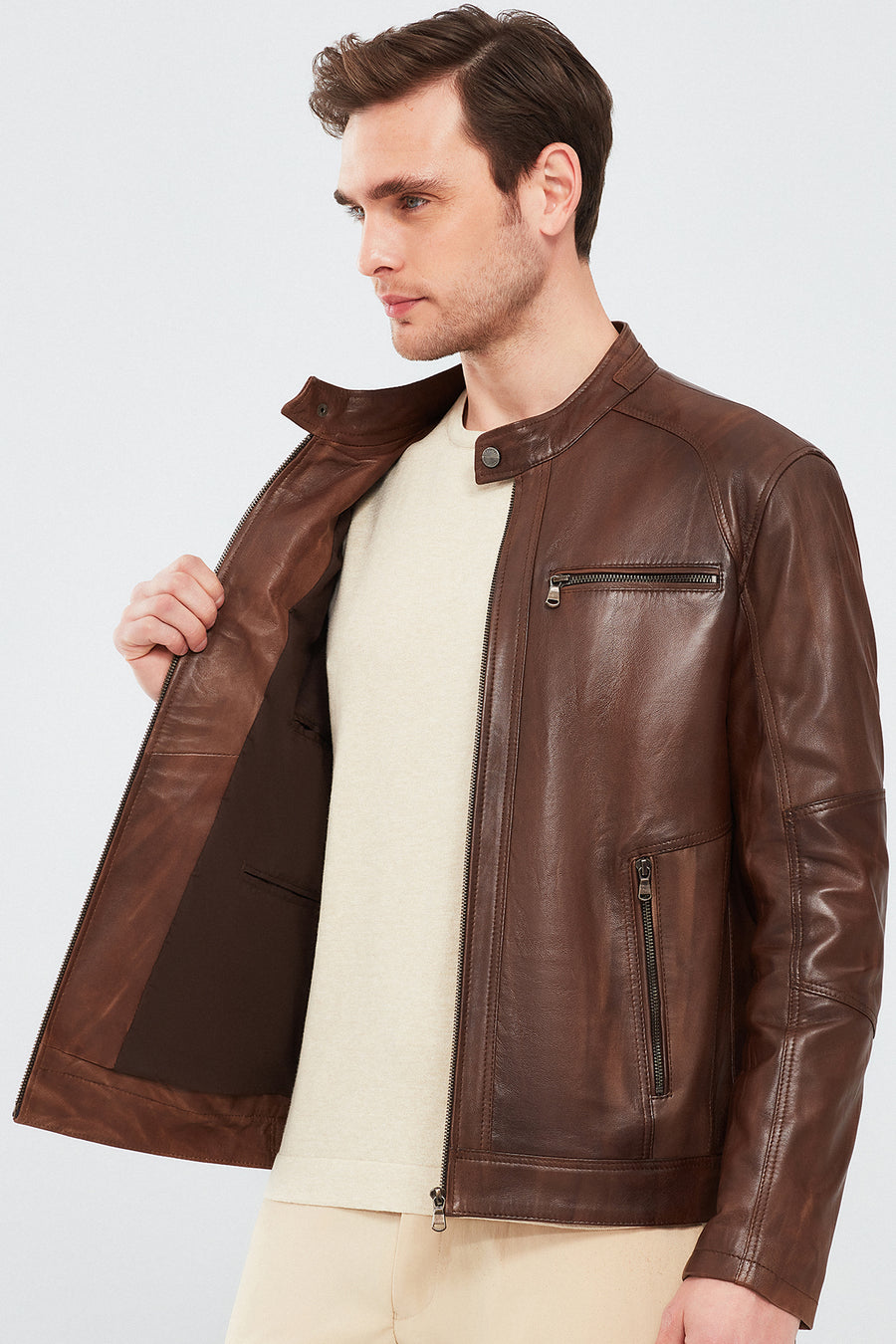 Alanzo Men's Brown Leather Coat