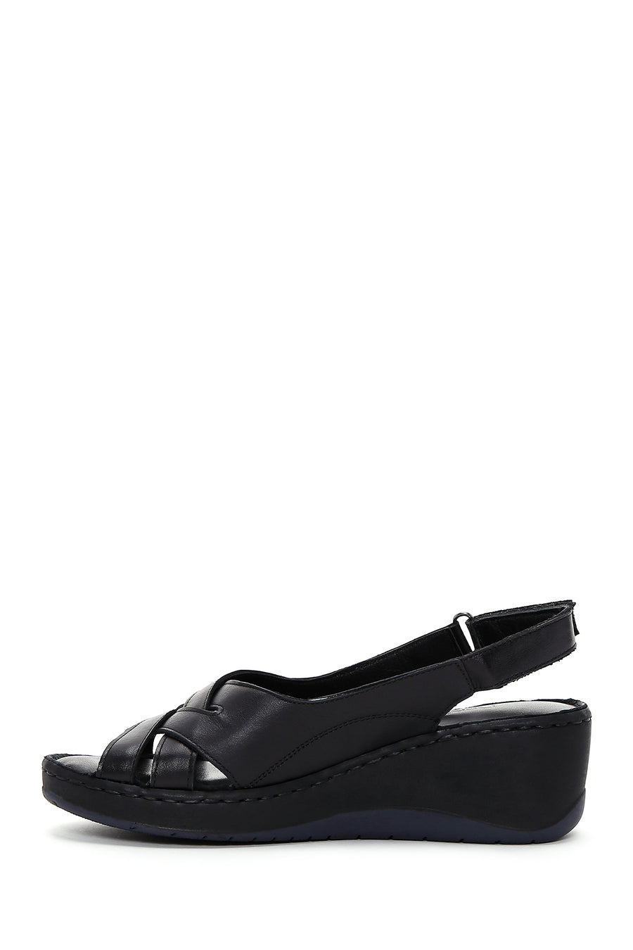 Women's Black Leather Wedge Heel Comfort Sandals