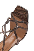 Women's Bronze Ankle Strap Patterned High Thin Heel Leather Shoes | Derimod