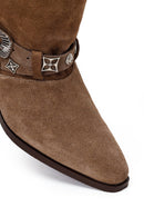 Woman Beige Thick-Heeled Suede Cowboy Boots | Derimod