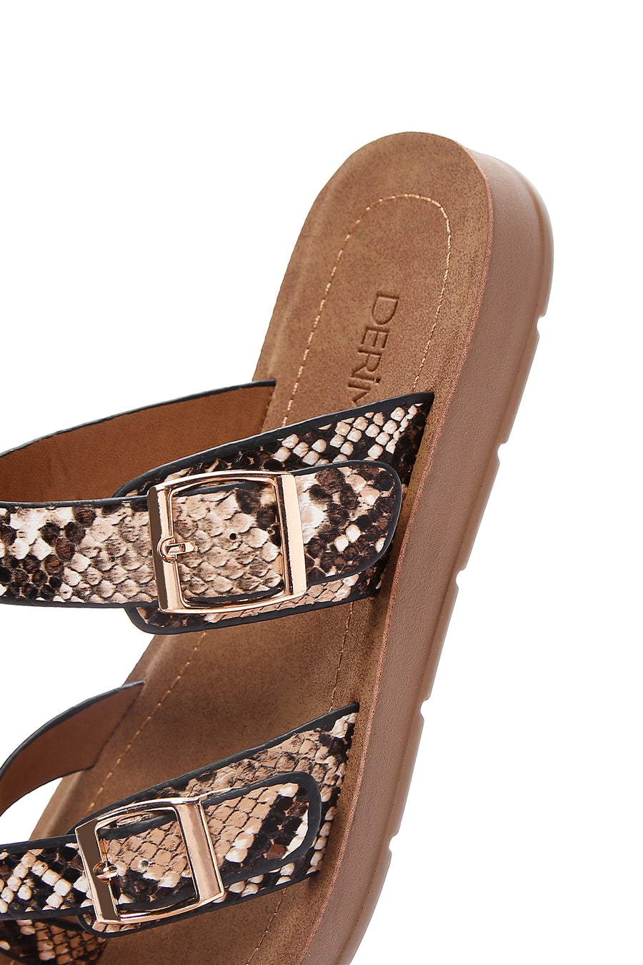 Women's Brown Double Buckled Patterned Slippers