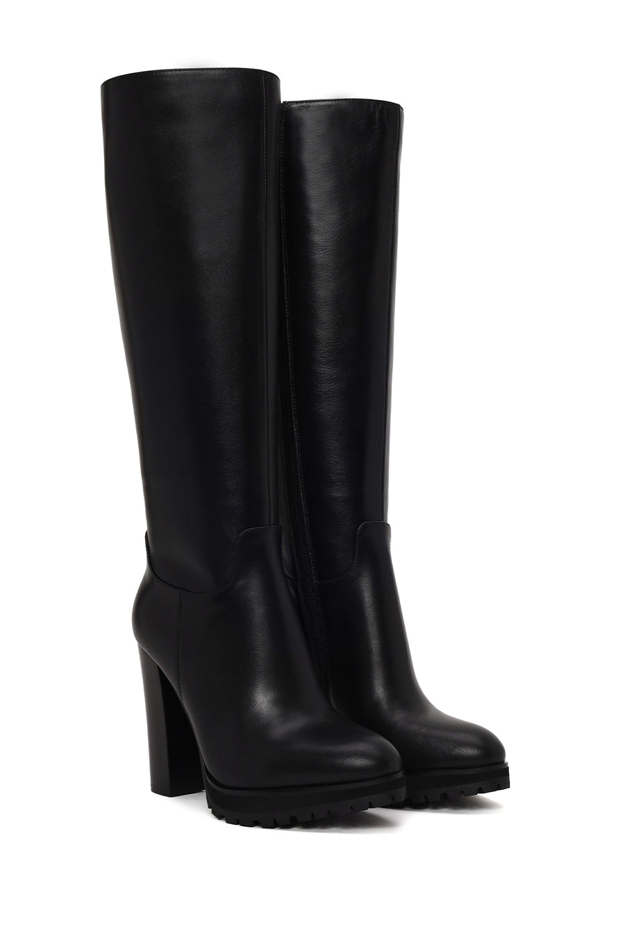 Woman Black Zip Closure High Thick-Heeled Leather Boots