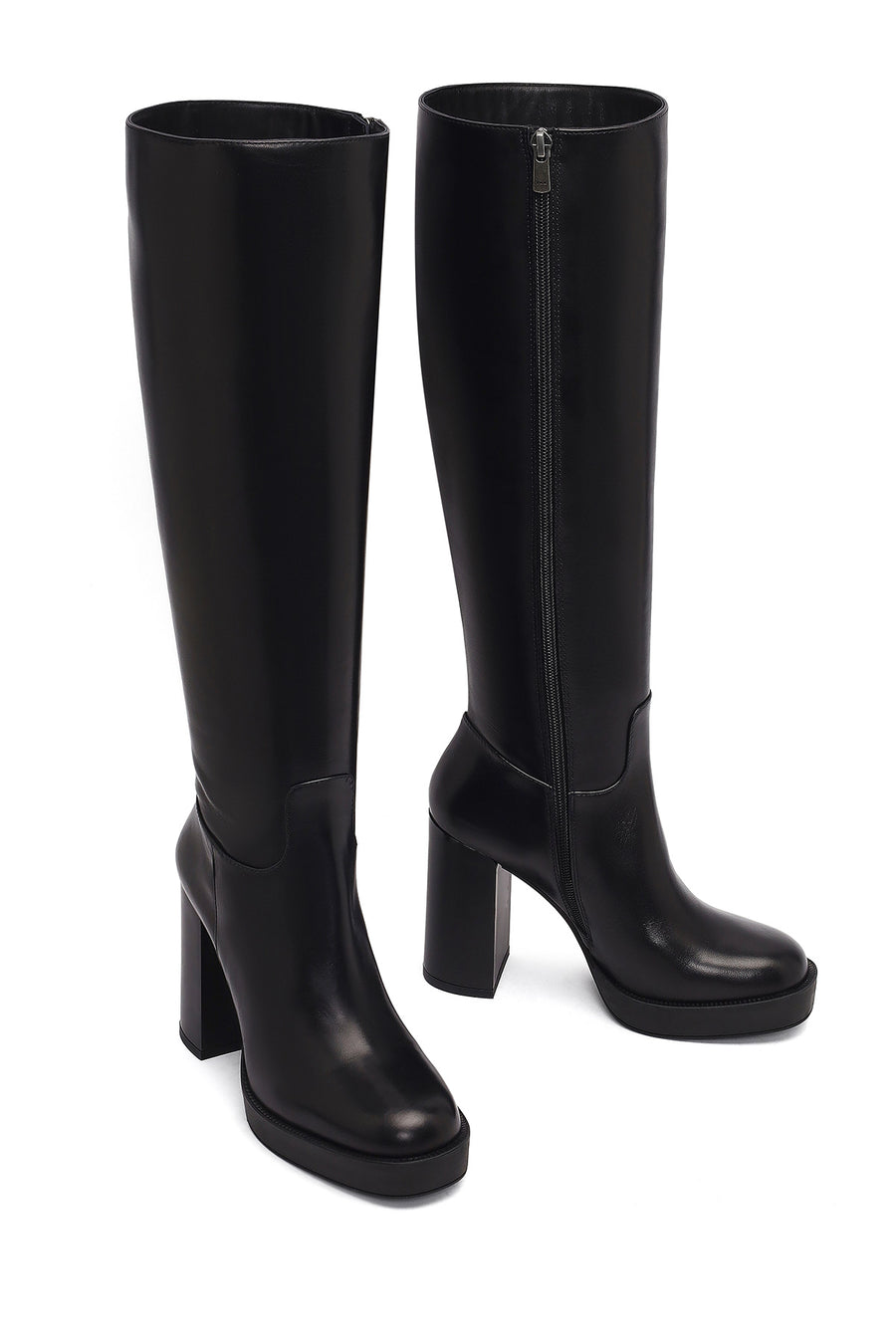 Woman Black Zippered High Heels Leather Boot