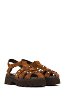Woman Tan Strappy Thick-Soled Suede Leather Sandals | Derimod