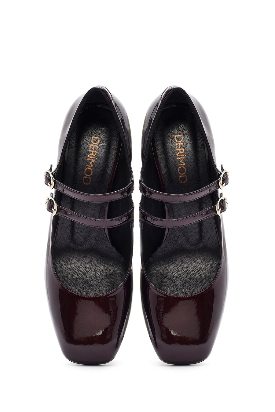 Women's Burgundy Double Buckled Thick Heeled Patent Leather Mary Jane Shoes