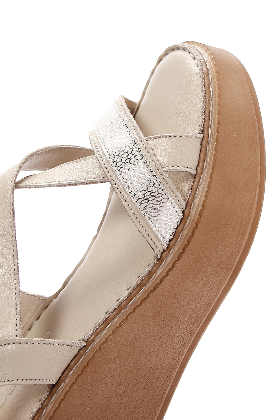 Women's Beige Ankle Strap Wedge Heeled Leather Comfort Sandals
