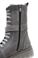 Women's Gray Suede Leather Buckle Flat Boots | Derimod