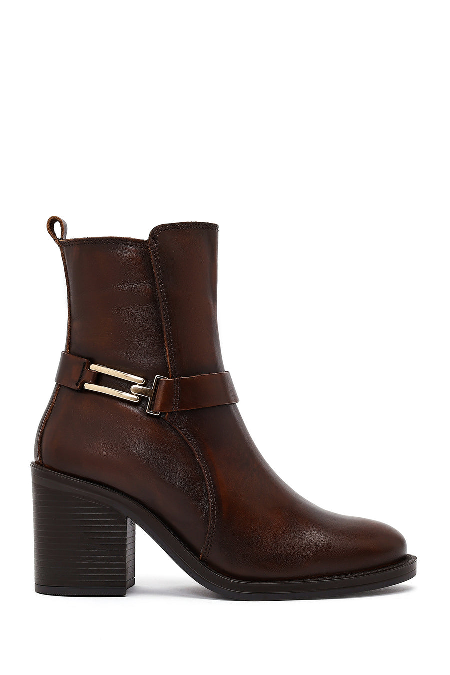 Women's Brown Buckle Chunky Heel Leather Boots 25WFD185818 | Derimod