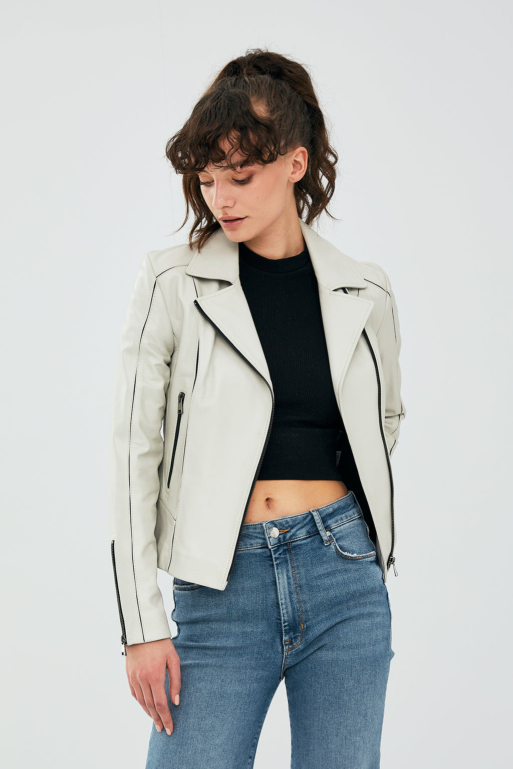 Kiara Kadın Bej Slim-Fit Biker Deri Ceket