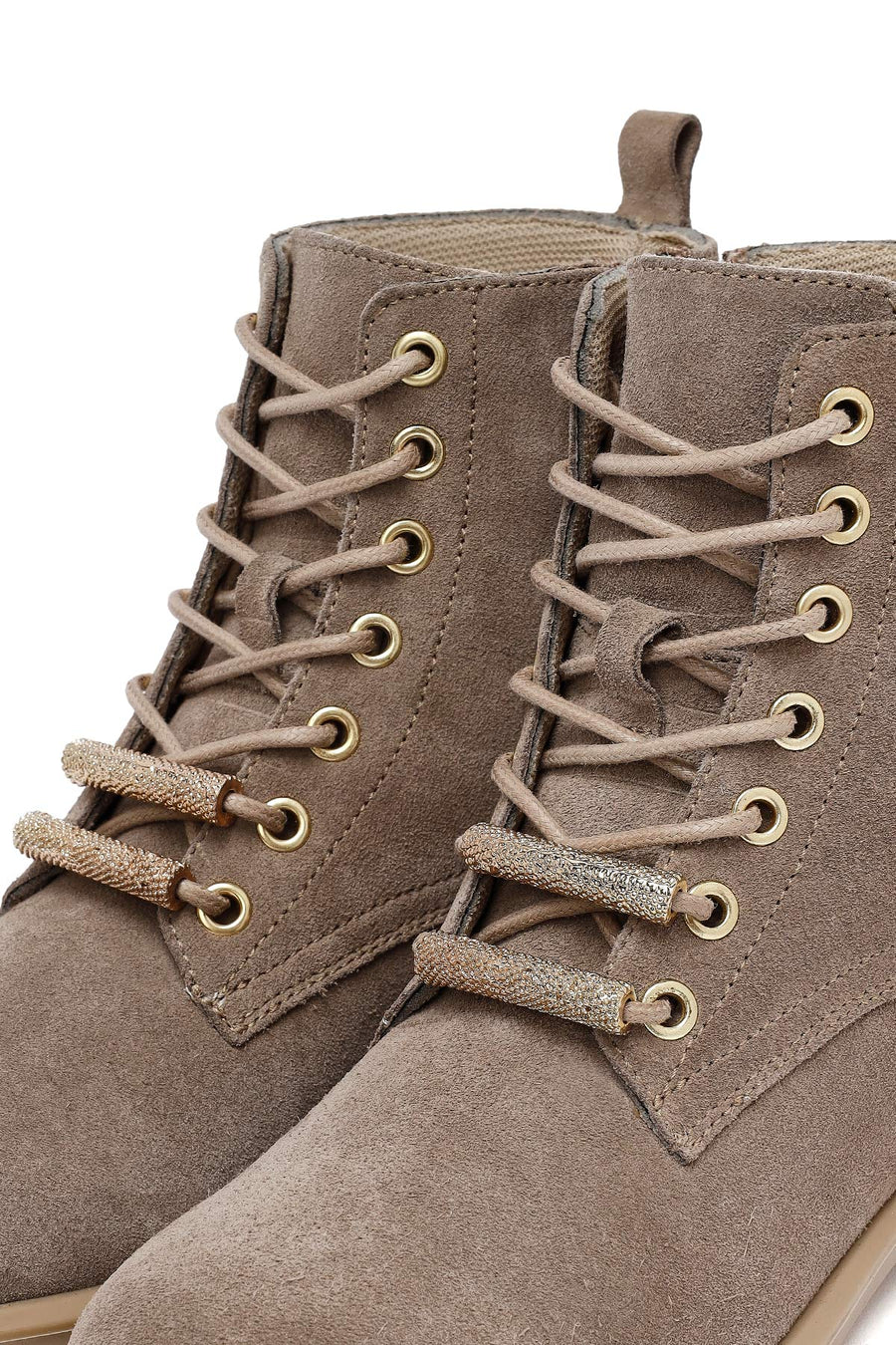 Woman Beige Lace-Up Zippered Suede Leather Boat