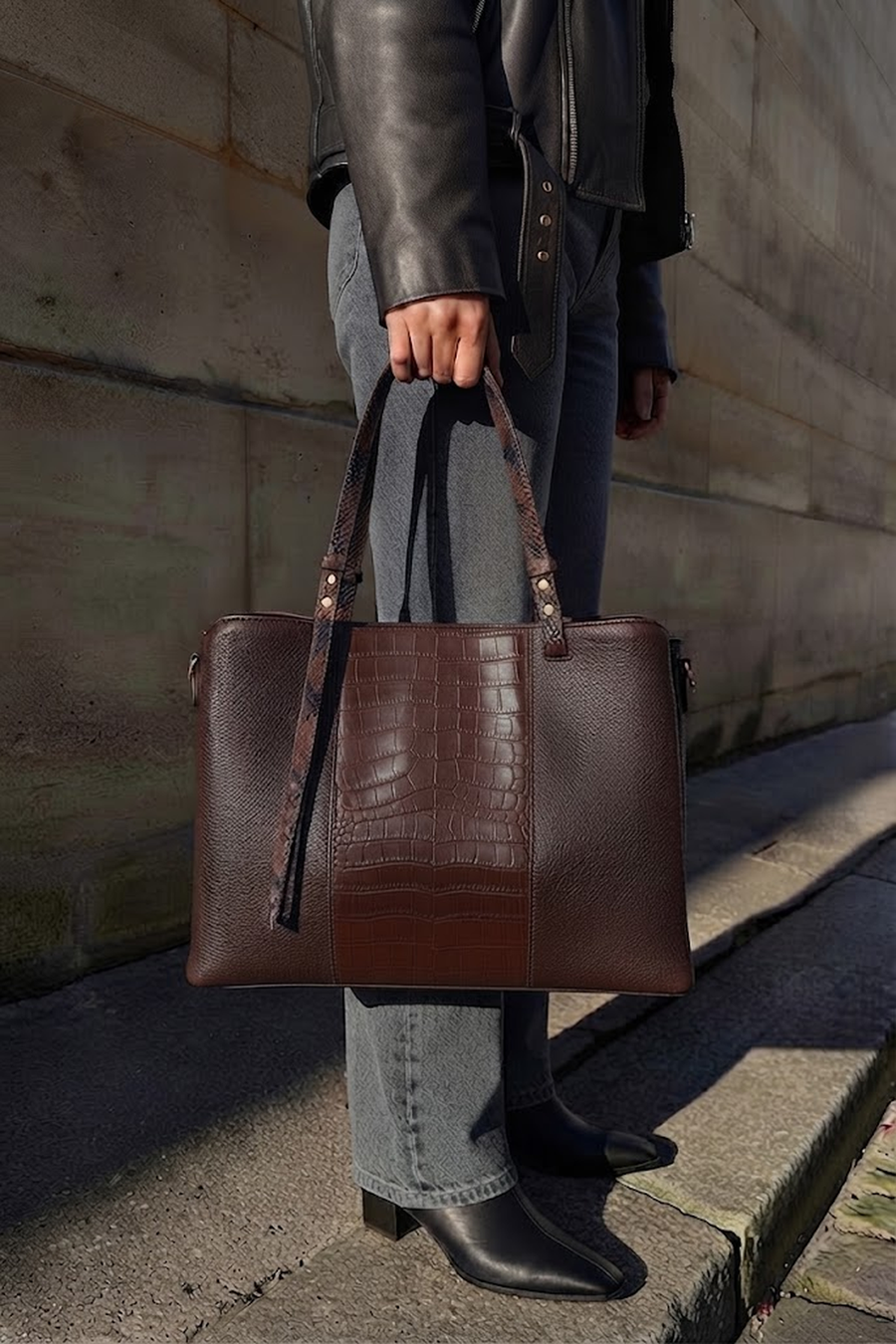 Woman Brown Long-Strap Patterned Shoulder Bag