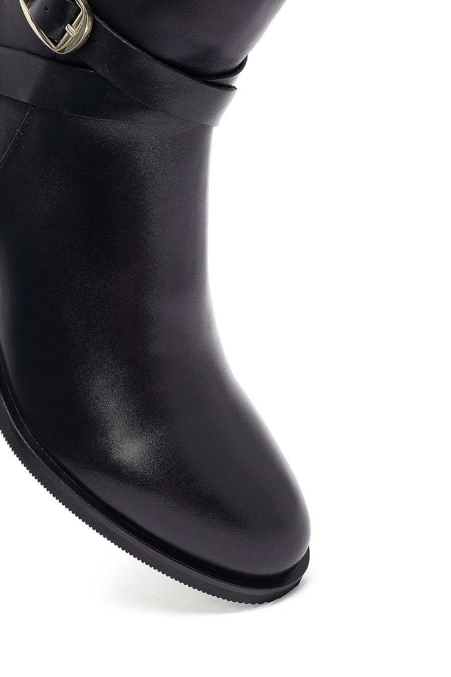 Woman Black Zip Closure Thick-Heeled Leather Boots