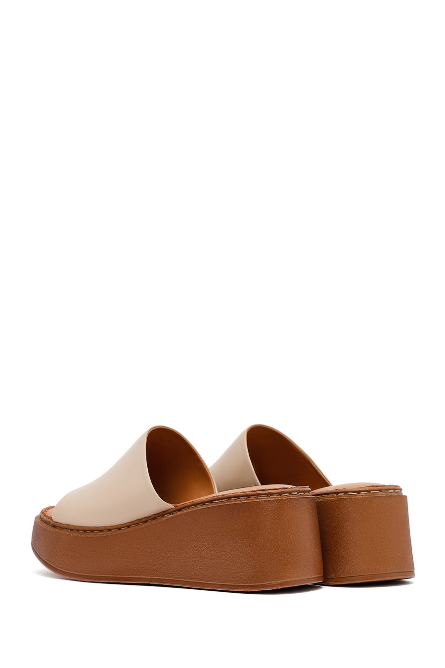 Women's Beige Platform Heel Leather Comfort Slippers