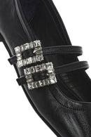 Women's Black Double Buckled Stoned Leather Ballerinas | Derimod