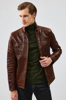Wade Men's Brown Slim-Fit Leather Jacket | Derimod